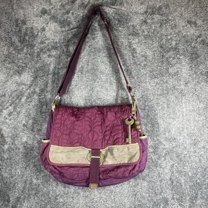 Fossil Key-Per Shoulder Bag Womens Medium Purple Quilted Nylon Crossbody Purse